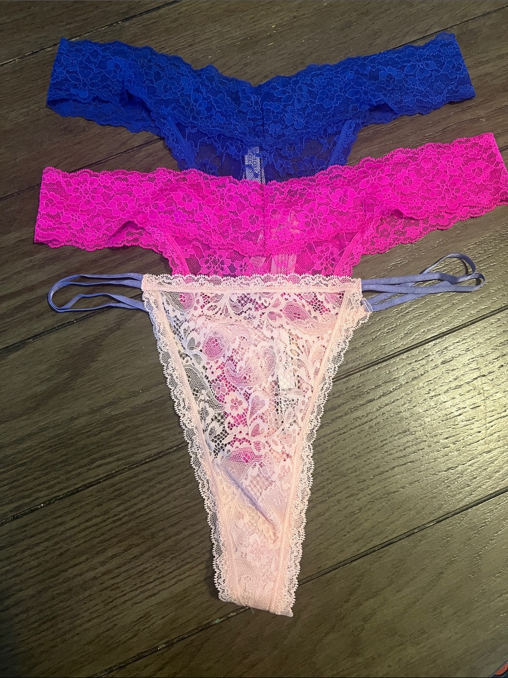 NWT Victoria’s Secret Lace Thong Set - Blue, Hot Pink & Light Pink